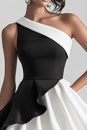 One Shoulder Black White Ruffle Graduation Dress